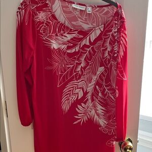 Susan Graver Vibrant Red Tunic with White Leaf Pattern